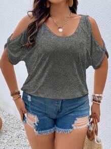 Vionelle Camiseta simple de cuello redondo con cordón y volantes talla grande, uso casual diario - Gris - Ver 4