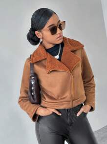 Teenage Girls American Casual Jacket, Warm Faux Suede Lapel Plush Lining - Camel - View 6