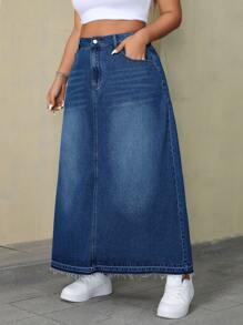 SHEIN ICON Plus Size Women's Loose Straight Pocket Denim Long Skirt