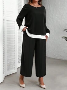 EMERY ROSE 2 Teile Lose Damen Set in Große Größen mit Farbblockdesign, bestehend aus Rundhals Langarm Oberteil und weiter Hose für den Herbst