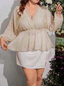 SHEIN Clasi Plus Size V-Neck Ruffle Trim Silver Blouse - Apricot - View 6
