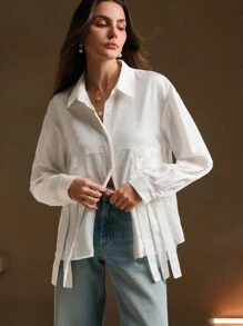 Anewsta Women's Solid Color Drop Shoulder Long Sleeve Fashionable Knit Trim Shirt, Spring/Summer