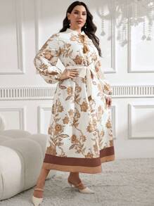 Mulvari Váy chắp vá in họa tiết tay dài buộc phía trước cỡ lớn, đi nghỉ thường ngày - Cà phê nâu - Xem 3