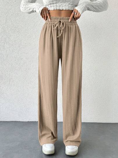 EURMUSE Women's Casual Solid Color Elastic Waistband Straight-Leg Trousers