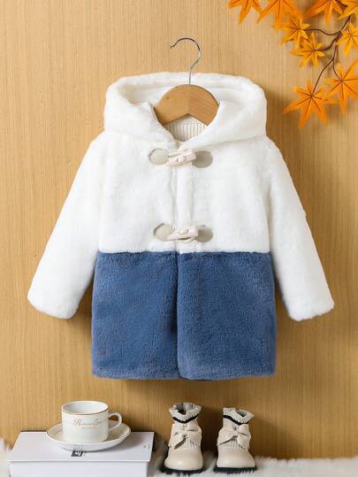 Baby Girls Solid Color Patchwork Button Front Hooded Plush Jacket, Casual Daily Wear
