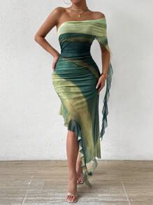 SHEIN PETITE Váy lưới voan mềm mại co giãn in họa tiết quanh năm cho bãi biển dự tiệc và ngày lễ - màu xanh lá - Xem 1