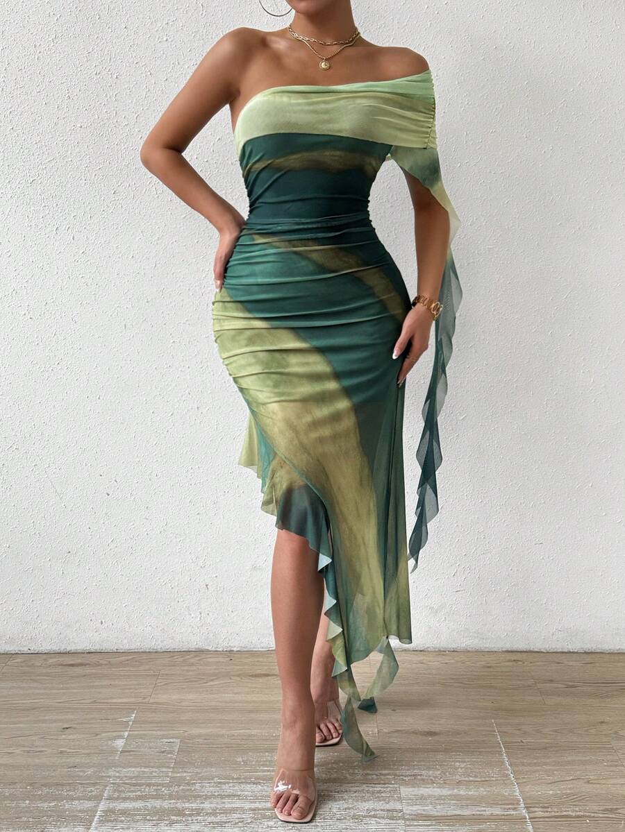 SHEIN PETITE Váy lưới voan mềm mại co giãn in họa tiết quanh năm cho bãi biển dự tiệc và ngày lễ - màu xanh lá - Xem 1