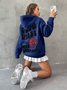 Floral & Slogan Graphic Drop Shoulder Hoodie - Royal Blue - View 4