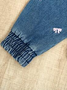 Girls' Sweet Fashion Bowknot Embroidery Loose Comfortable Denim Jacket With Elastic Hem - Dark Wash - View 5