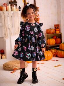 SHEIN Vestido de disfraz con estampado de calavera para niñas y niñas pequeñas, ropa de otoño para niñas, adecuado para uso en Halloween - Multicolor - Ver 3