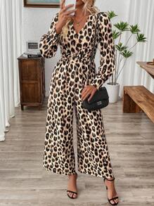 SHEIN Clasi Damski swobodny kombinezon z nadrukiem w panterkę, wiązany w talii, długi rękaw - Kolor khaki - Zobacz 4