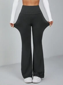 SHEIN PETITE 休閒實色寬腰中空修身喇叭褲 - 灰色 - 查看 3