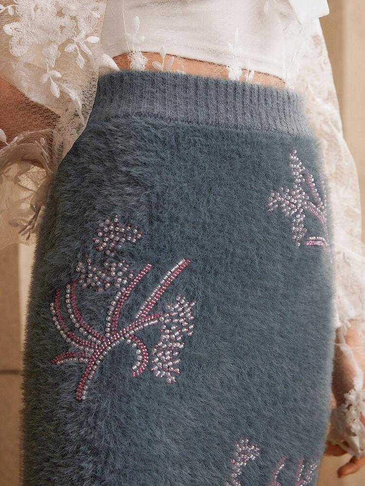 Heavily Beaded & Embroidered Floral Knit A-Line Skirt