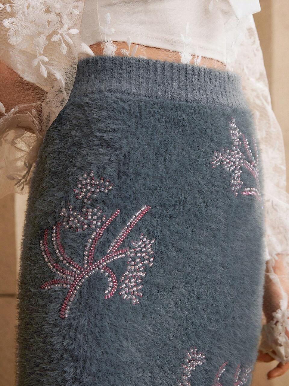 Heavily Beaded & Embroidered Floral Knit A-Line Skirt