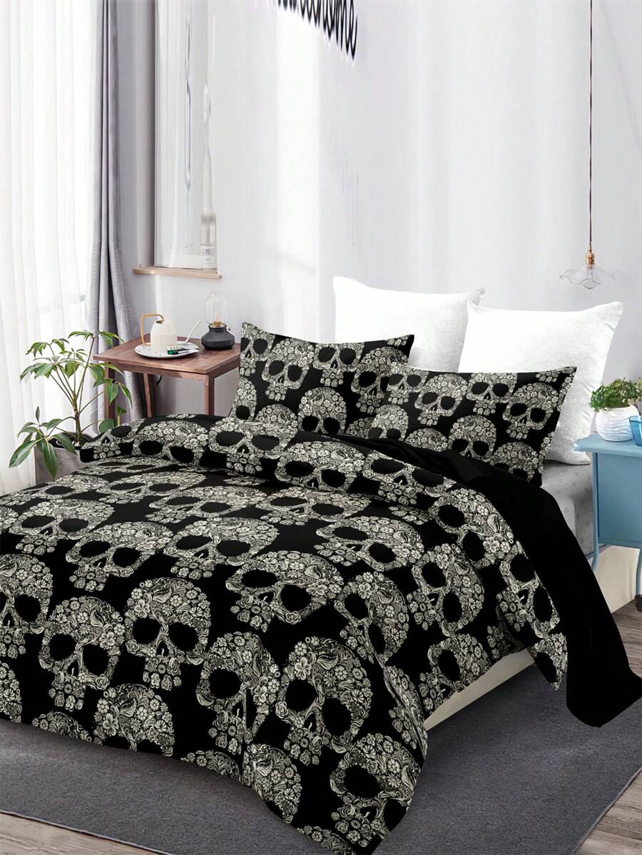 Fashionable Home Skull Print Duvet Cover Set - Black - View 1
