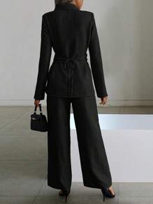 SHEIN Clasi 2pcs Ladies Solid Color Minimalist Daily Use Long Sleeve Top & Pants Set Fall Cloth For Women - Black - View 2