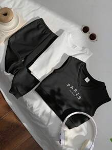 SHEIN Leap Crew 3 件装男婴字母印花圆领短袖上衣和纯色裤子套装 - 黑色 - 查看 9