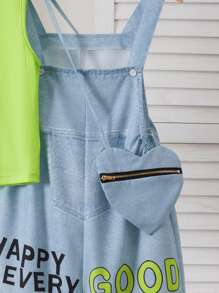 2pcs Tween Girl Casual Denim Effect Suspender Pants And Tank Top Set - Multicolor - View 3