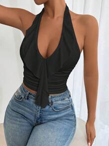 Allurite Women Deep V Neck Tie Strap Solid Color Camisole - Black - View 4