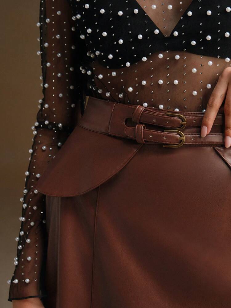 1pc Brown Elegant Faux Leather Decorated Skirt For Ladies, Winter PU Leather Skirt