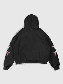 ROMWE MEN Street Life Áo hoodie tay dài in họa tiết Pentagram axit giặt dành cho nam, phong cách đường phố, màu đen - màu đen - Xem 2