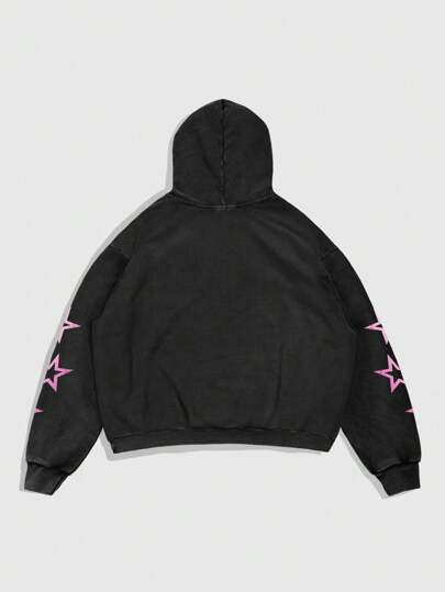 Street Life Men's Pentagram & Snow Flake Printed Long Sleeve Hoodie Streetwear , Black