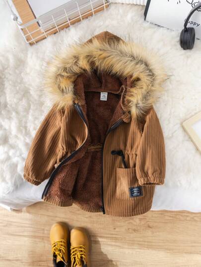 SHEIN Baby Boys Winter Thicken Fleece Hooded Windbreaker Jacket With Fluffy Trim Waist Side Pockets Casual All-Match