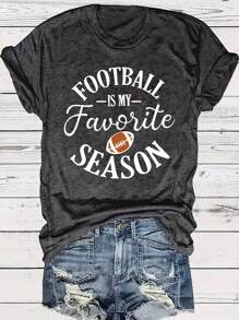 INAWLY Arc Letter & Football Print Crew Neck T-Shirt For Women - Dark Grey - View 1
