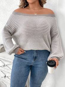 SHEIN LUNE Áo len sọc in họa tiết lệch vai màu tương phản cỡ lớn cho mùa thu - Nhiều màu - Xem 3