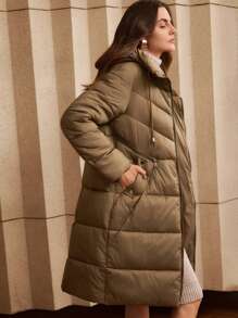 Anewsta Veste beige à capuche longue pour femmes avec couture horizontale