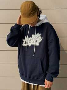 DAZY 男士休闲字母印花落肩长袖抽绳连帽衫，春秋季 - 藏蓝色 - 查看 9