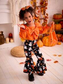 SHEIN 2pcs Young Girl Halloween Theme Knitted Square Neck Ruched Bow Decor Puff Sleeve Crop Top And Knitted Fitted Flared Pants Fall Set - Multicolor - View 6