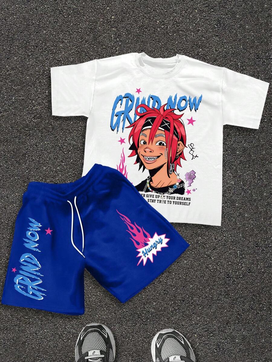 Manfinity EMRG 2pcs Men Cartoon Printed Crew Neck Short Sleeve T-Shirt And Shorts Set - Multicolor - View 1