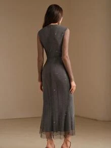 Anewsta Vestido transparente de manga larga con detalles de strass - Gris - Ver 6