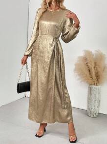 Chiquease Robe pour femmes à manches longues, col rond doré avec laçage