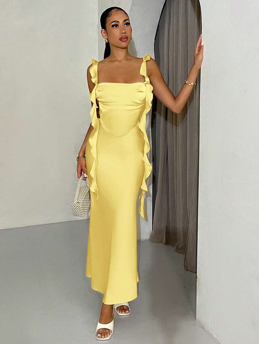 SHEIN BAE Women Summer Spaghetti Strap Backless Draped Neck Vacation Long Dress, Graduation & Wedding Gown,Pastel Dresses For Women - Yellow - View 1