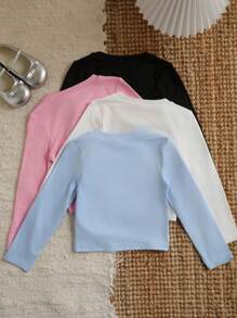 SHEIN Leap Crew 年轻女孩 4 件套圆领短款长袖基本款纯色针织 T 恤，非常适合秋冬季休闲日常穿着和学校日常穿着