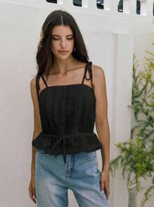 SHEIN Frenchy 蕾丝拼接荷叶边下摆细肩带背心亚麻布适合度假日常通勤姐妹出游法式优雅 - 黑色 - 查看 4