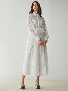 Enchnt Fall Winter Women's Mesh Long Sleeve Twist Waist Elegant Shirt Dress,White Dress,Winter Dresses,Fall Winter  Women's Clothing - White - View 7