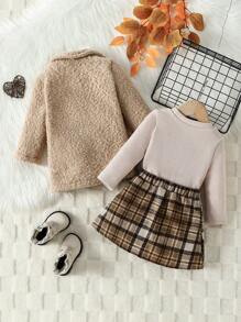Bộ 3 món áo sơ mi + chân váy kẻ caro + áo khoác bông cho bé gái mùa thu - Màu Khaki - Xem 2