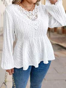 SHEIN Clasi 大码女式蕾丝领长袖 T 恤 - 白色 - 查看 4