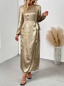 Chiquease Robe pour femmes à manches longues, col rond doré avec laçage