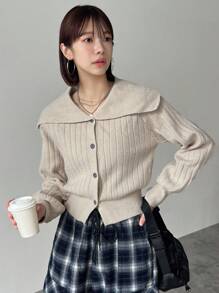 FRIFUL 女士休闲纯色翻领开衫，春秋装，秋季女装 - 杏色 - 查看 1