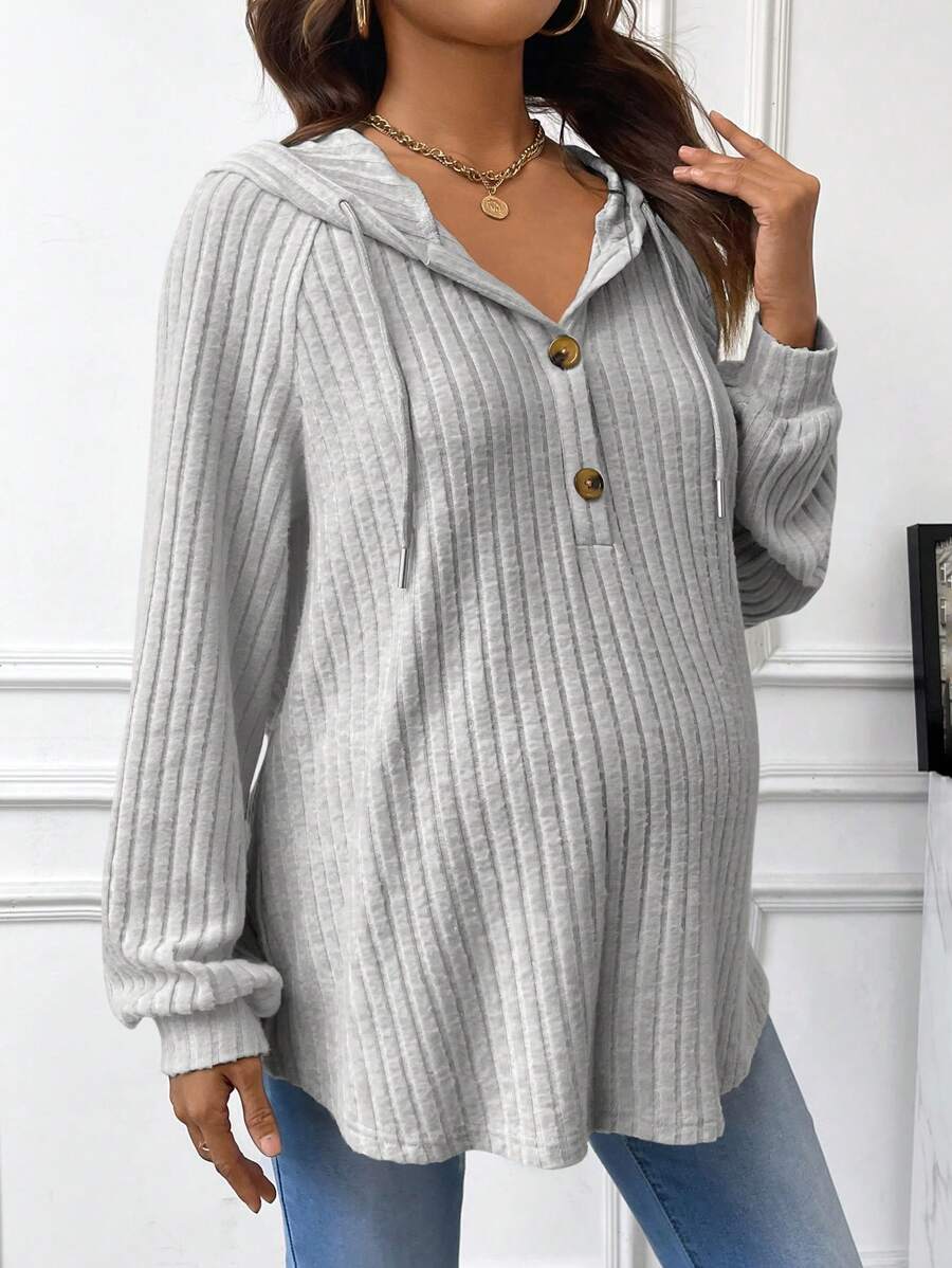SHEIN Sudadera de maternidad de unicolor con bolsillo tipo canguro, de manga larga, de corte holgado, para invierno - Gris Claro - Ver 1
