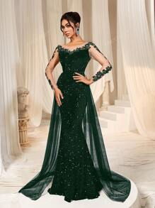 Faeriesty Faeriesty Elegant Sequin-Glitter Mermaid Tail Gown With Floral Embroidery & Flowing Tulle Train | Luxury Evening Dress For Black Tie Galas, Weddings