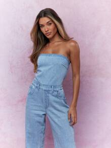 MISSGUIDED Washed Faded Bandeau Denim Jumpsuit - Light Wash - View 4
