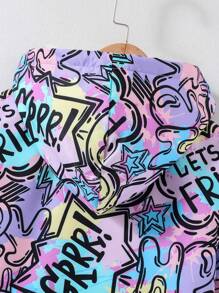 SHEIN Tween Girl Allover Print Front Button Hooded Long Sleeve Jacket - Multicolor - View 4