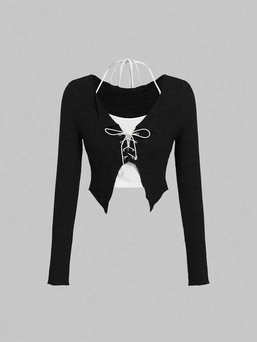 SHEIN MOD 女士休闲拼色交叉带长袖立领 T 恤