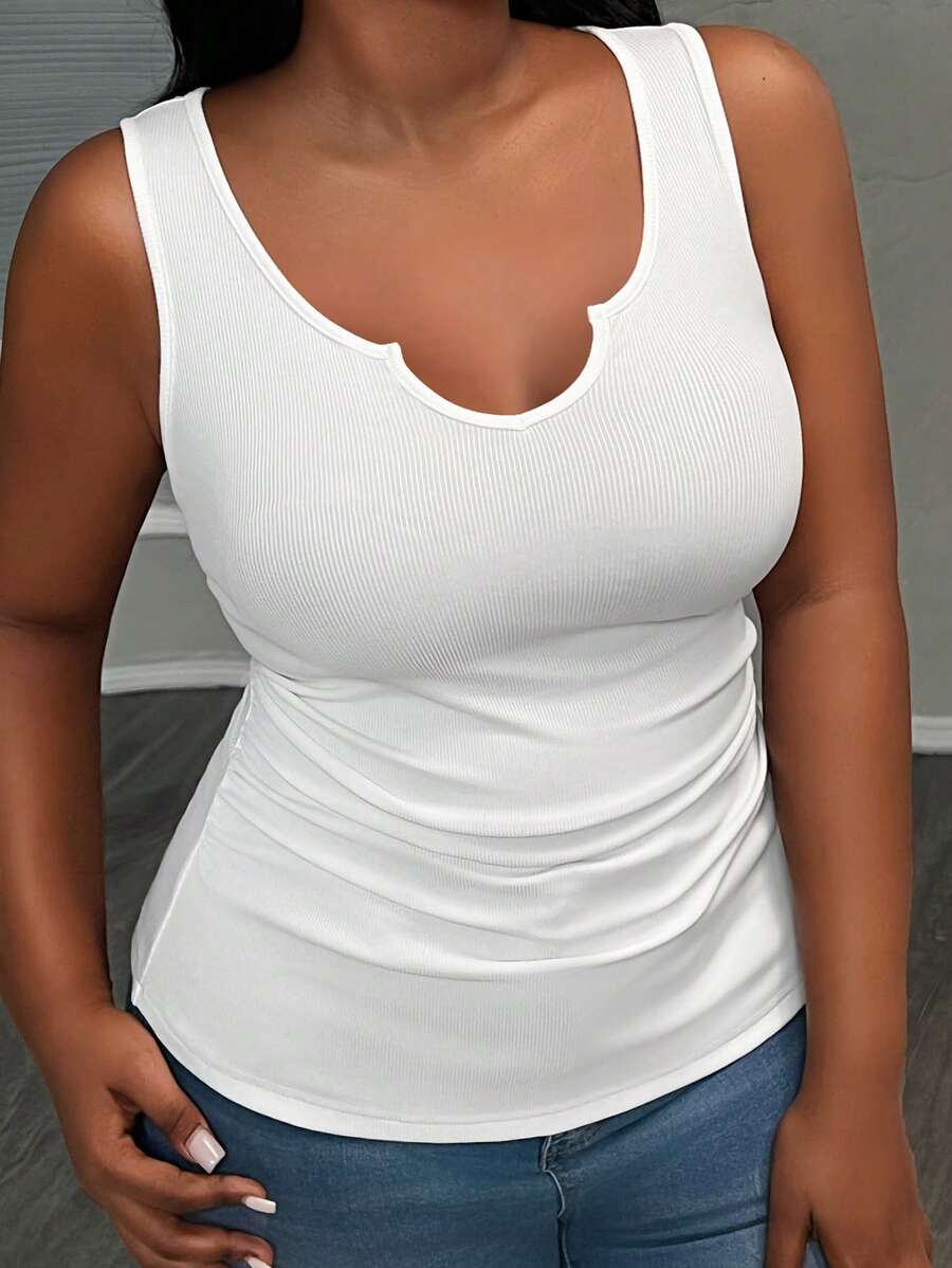 Slaydiva Simple Basic Casual Sports Daily Fitted Solid White Notch Neck Ruched Waist Rib Knit Fabric Plus Size Women Camisole, Spring Summer - White - View 1