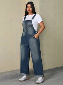 SHEIN EZwear 大码女式口袋宽松阔腿休闲牛仔背带裤 - 中等水洗藍 - 查看 6